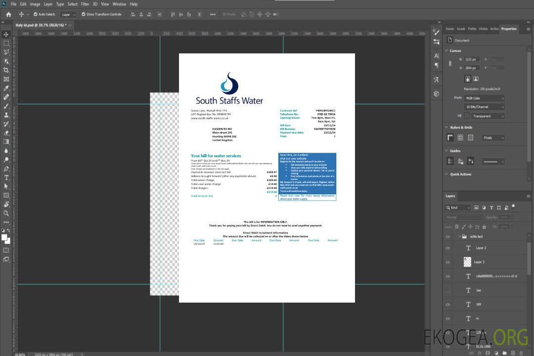Royaume-Uni South Staffs Water Facture de distribution d'eau Formats Word et PDF, version 2 template